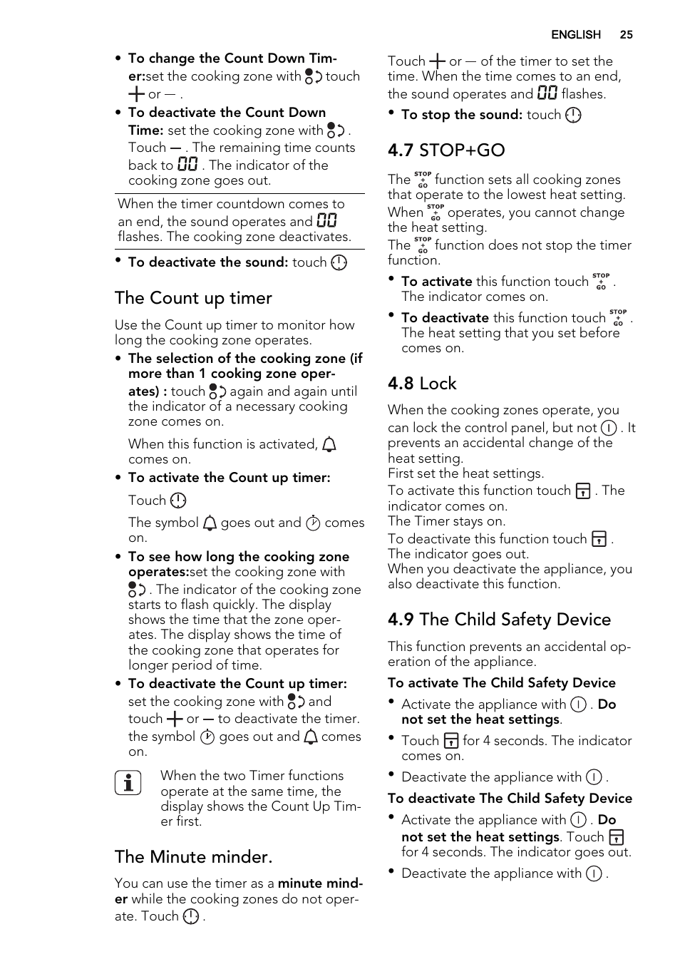 The count up timer, The minute minder, 7 stop+go | 8 lock, 9 the child safety device | AEG HC452020EB User Manual | Page 25 / 68