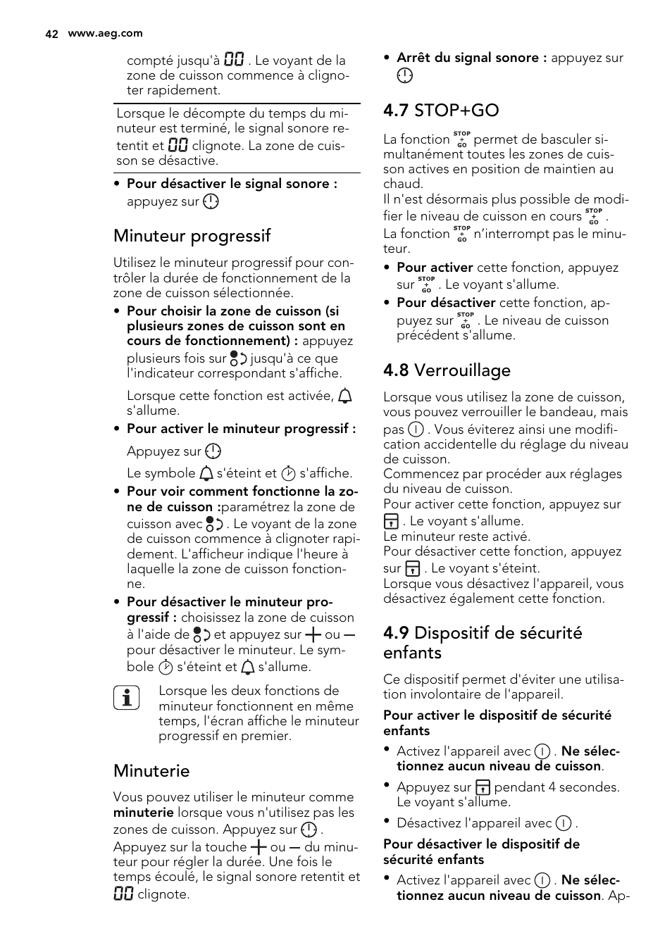 Minuteur progressif, Minuterie, 7 stop+go | 8 verrouillage, 9 dispositif de sécurité enfants | AEG HC452020EB User Manual | Page 42 / 68