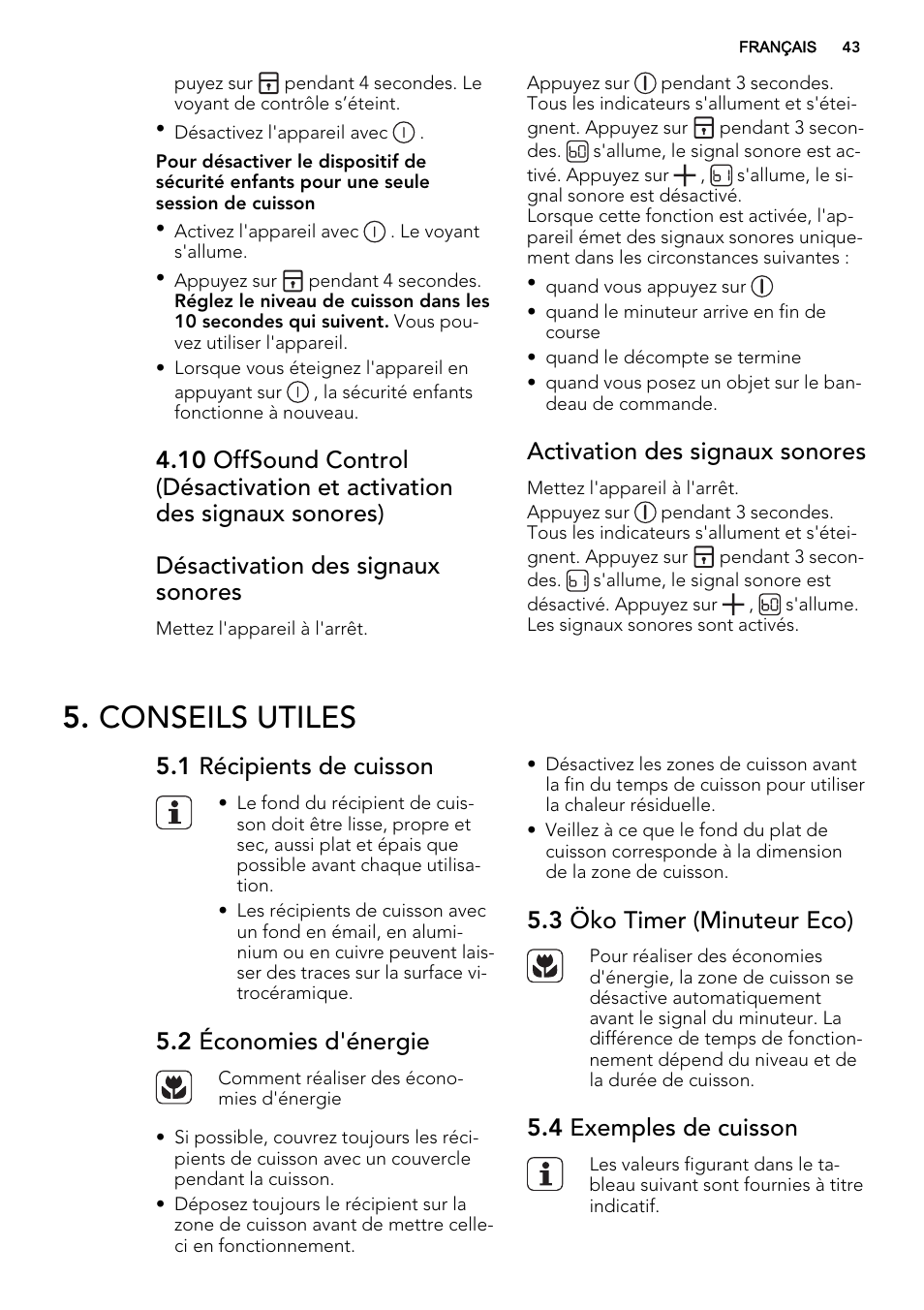 Conseils utiles, Activation des signaux sonores, 1 récipients de cuisson | 2 économies d'énergie, 3 öko timer (minuteur eco), 4 exemples de cuisson | AEG HC452020EB User Manual | Page 43 / 68