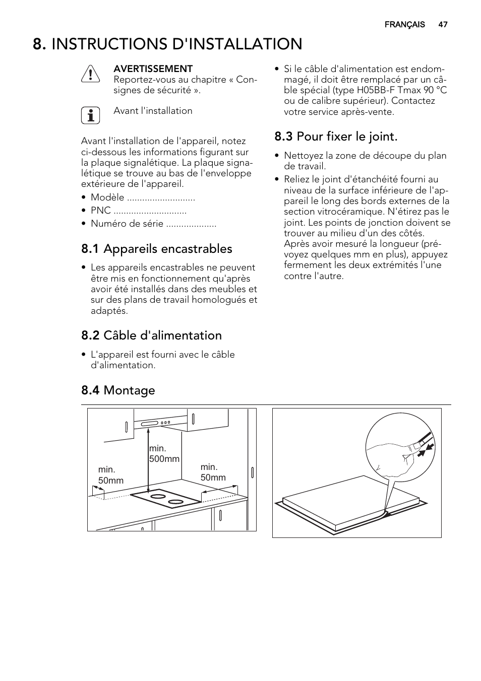 Instructions d'installation, 1 appareils encastrables, 2 câble d'alimentation | 3 pour fixer le joint, 4 montage | AEG HC452020EB User Manual | Page 47 / 68