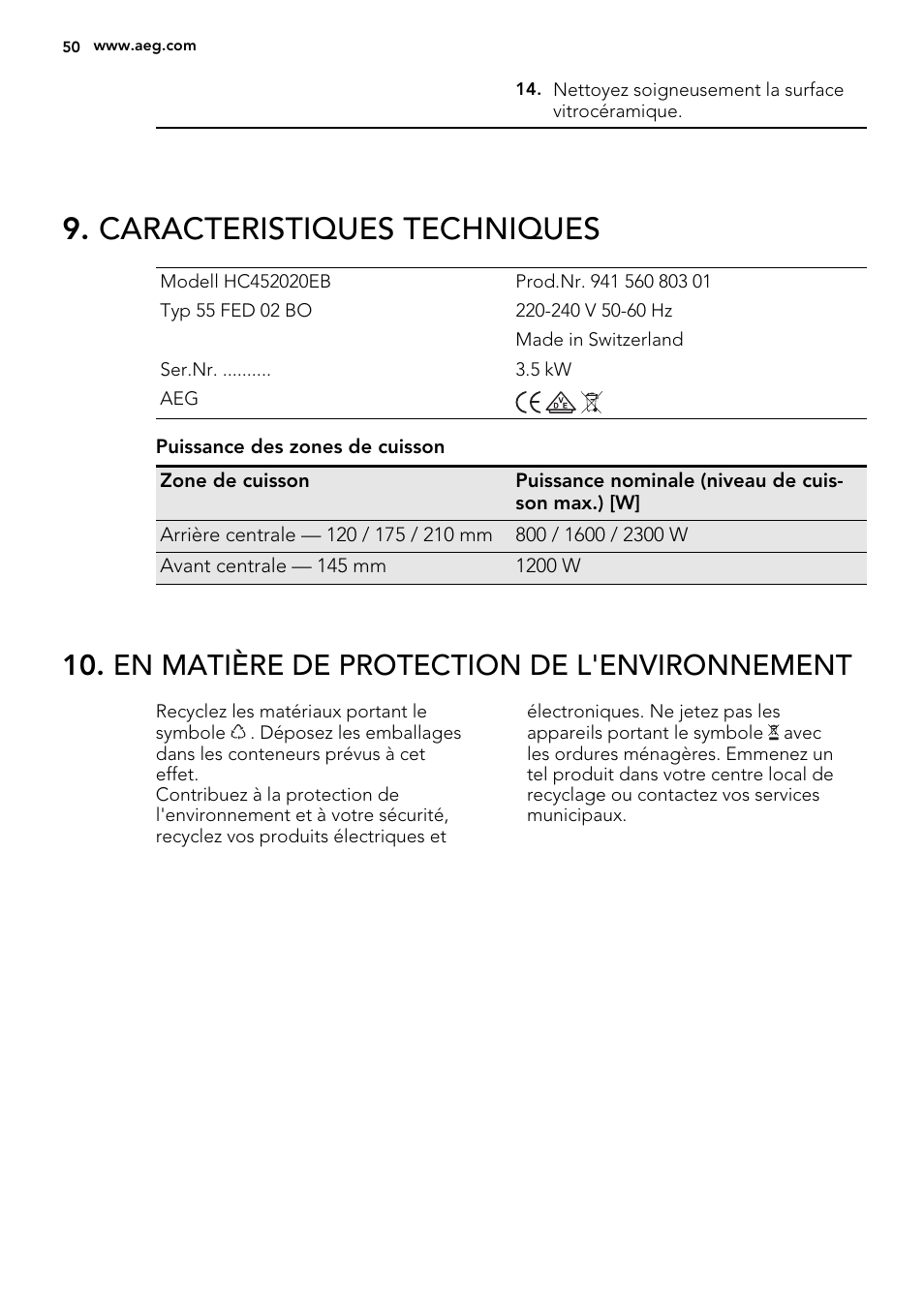 Caracteristiques techniques, En matière de protection de l'environnement | AEG HC452020EB User Manual | Page 50 / 68