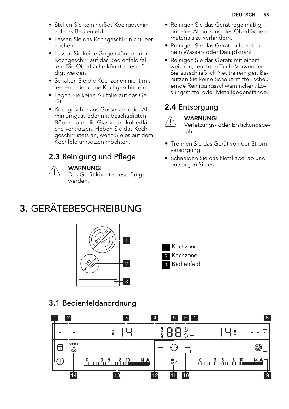 Gerätebeschreibung, 3 reinigung und pflege, 4 entsorgung | 1 bedienfeldanordnung | AEG HC452020EB User Manual | Page 55 / 68