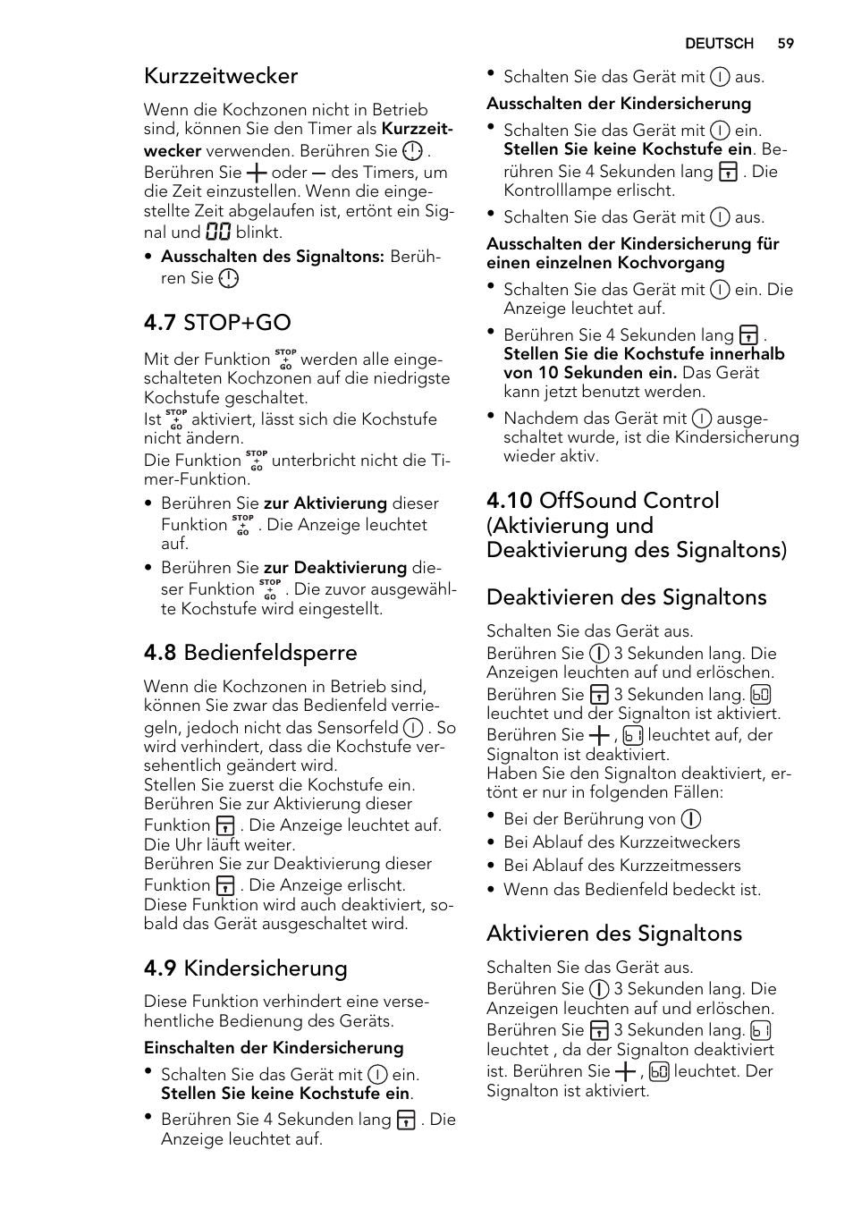 Kurzzeitwecker, 7 stop+go, 8 bedienfeldsperre | 9 kindersicherung, Aktivieren des signaltons | AEG HC452020EB User Manual | Page 59 / 68