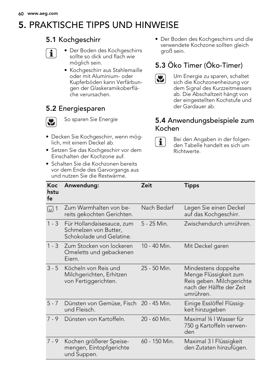 Praktische tipps und hinweise, 1 kochgeschirr, 2 energiesparen | 3 öko timer (öko-timer), 4 anwendungsbeispiele zum kochen | AEG HC452020EB User Manual | Page 60 / 68