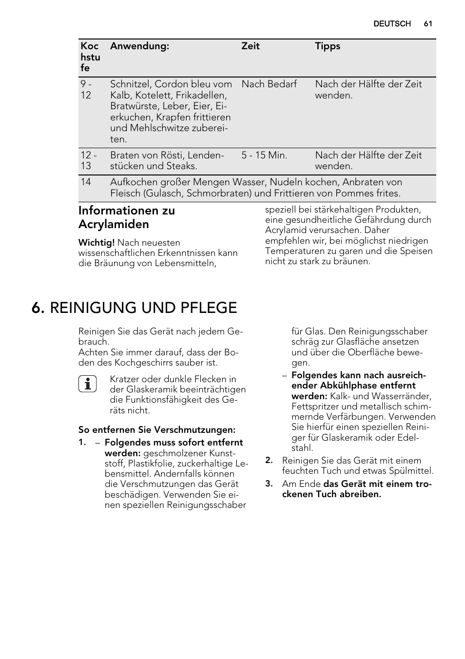 Reinigung und pflege, Informationen zu acrylamiden | AEG HC452020EB User Manual | Page 61 / 68