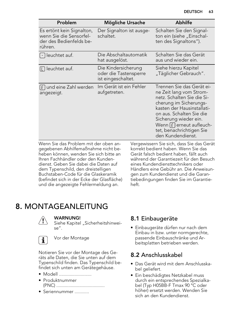 Montageanleitung, 1 einbaugeräte, 2 anschlusskabel | AEG HC452020EB User Manual | Page 63 / 68