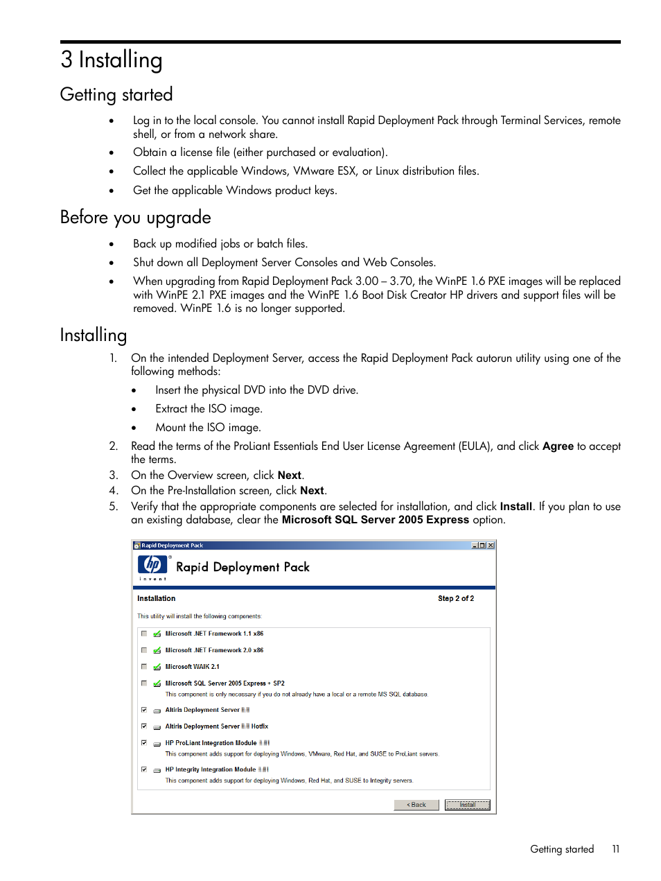 3 installing, Getting started, Before you upgrade | Installing, Getting started before you upgrade installing | HP Integrity rx4640 Server User Manual | Page 11 / 37