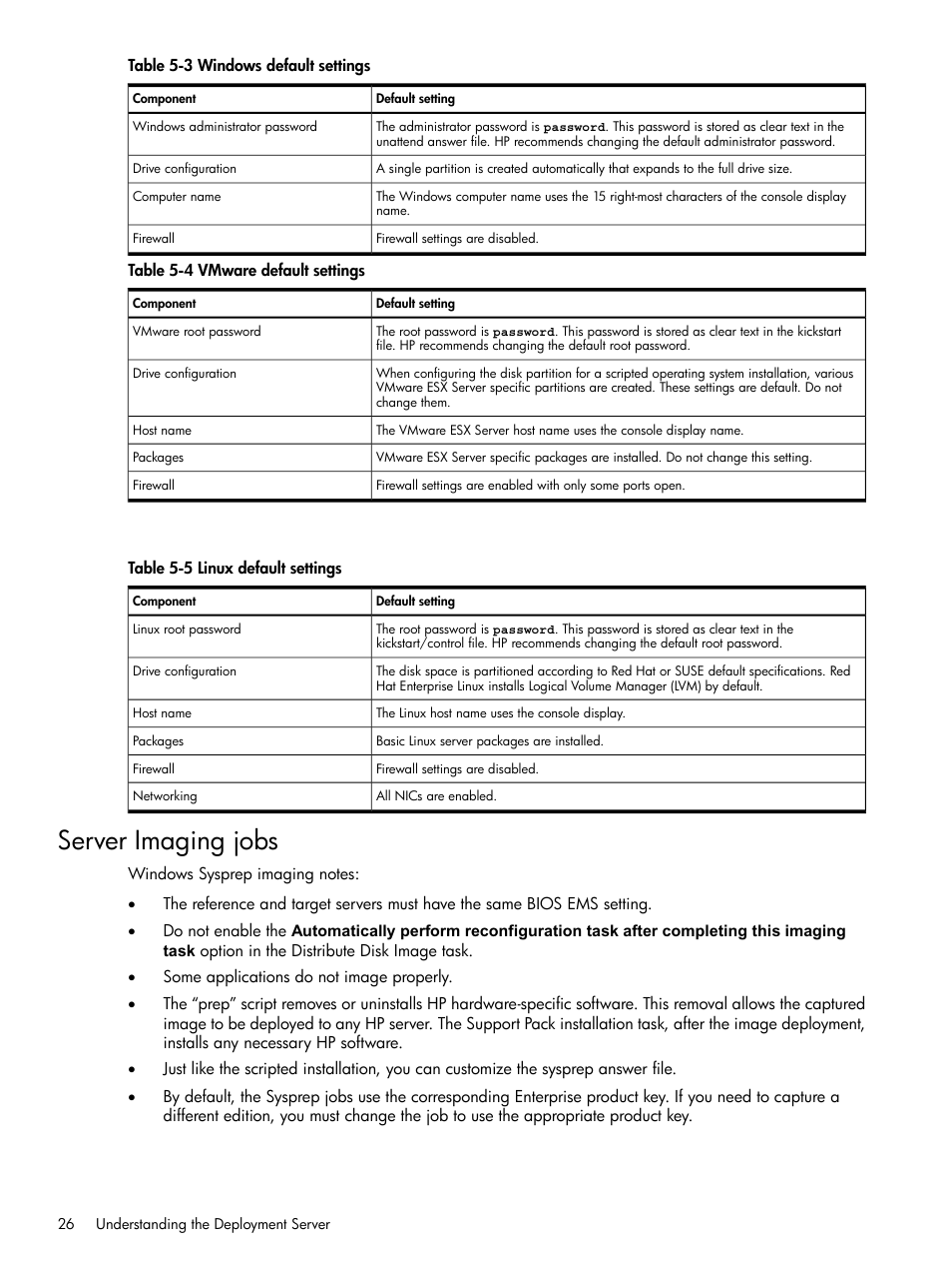 Server imaging jobs, Windows default settings, Vmware default settings | Linux default settings | HP Integrity rx4640 Server User Manual | Page 26 / 37