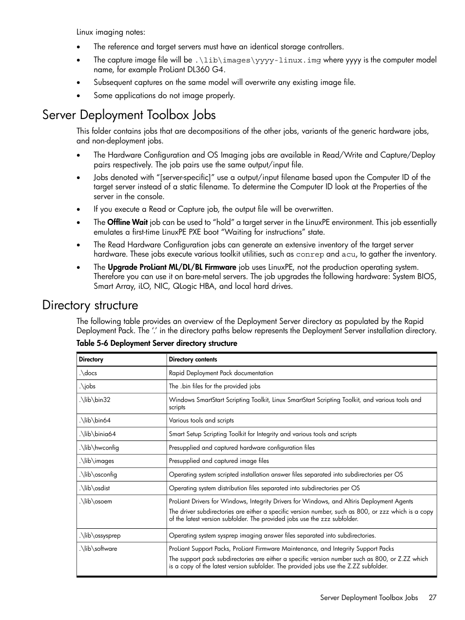 Server deployment toolbox jobs, Directory structure, Server deployment toolbox jobs directory structure | Deployment server directory structure | HP Integrity rx4640 Server User Manual | Page 27 / 37