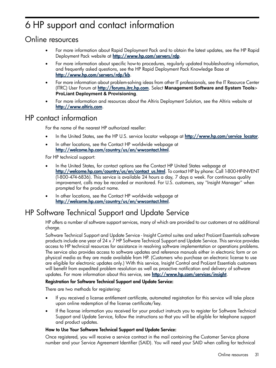 6 hp support and contact information, Online resources, Hp contact information | Hp software technical support and update service | HP Integrity rx4640 Server User Manual | Page 31 / 37