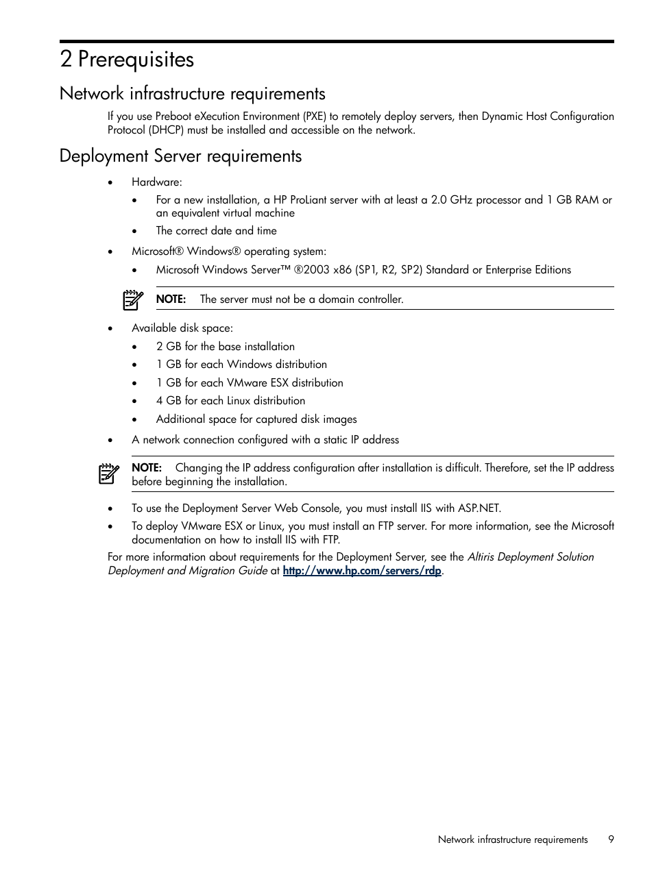 2 prerequisites, Network infrastructure requirements, Deployment server requirements | HP Integrity rx4640 Server User Manual | Page 9 / 37