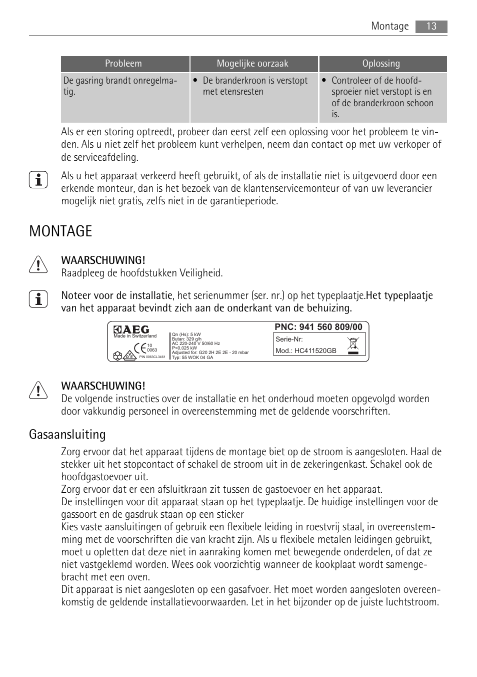 Montage, Gasaansluiting | AEG HC411520GB User Manual | Page 13 / 80