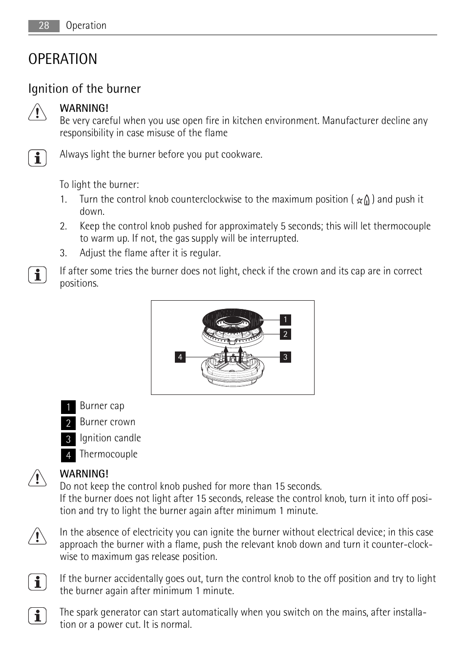 Operation, Ignition of the burner | AEG HC411520GB User Manual | Page 28 / 80
