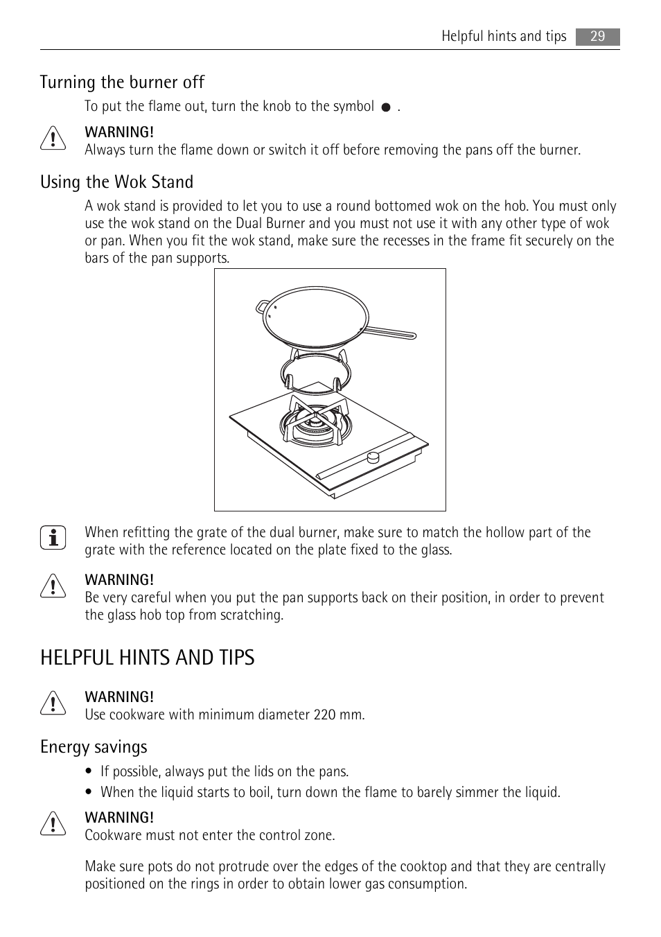 Helpful hints and tips, Turning the burner off, Using the wok stand | Energy savings | AEG HC411520GB User Manual | Page 29 / 80