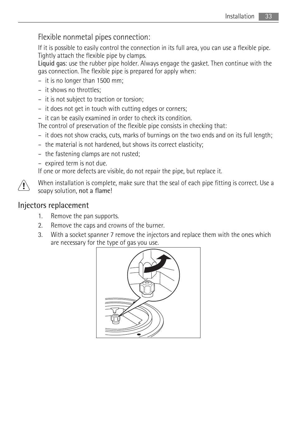 Flexible nonmetal pipes connection, Injectors replacement | AEG HC411520GB User Manual | Page 33 / 80