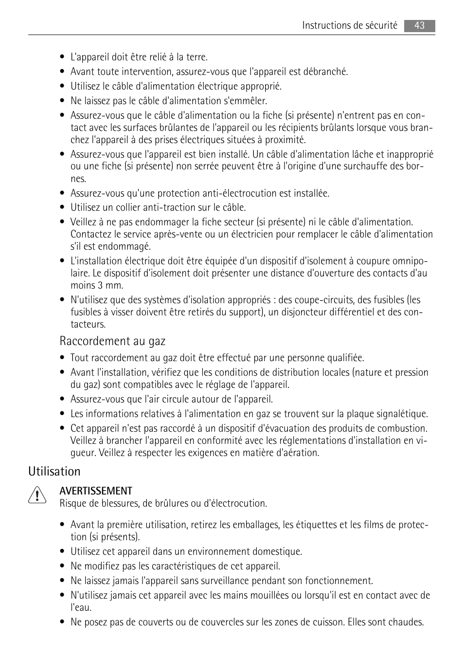 Raccordement au gaz, Utilisation | AEG HC411520GB User Manual | Page 43 / 80