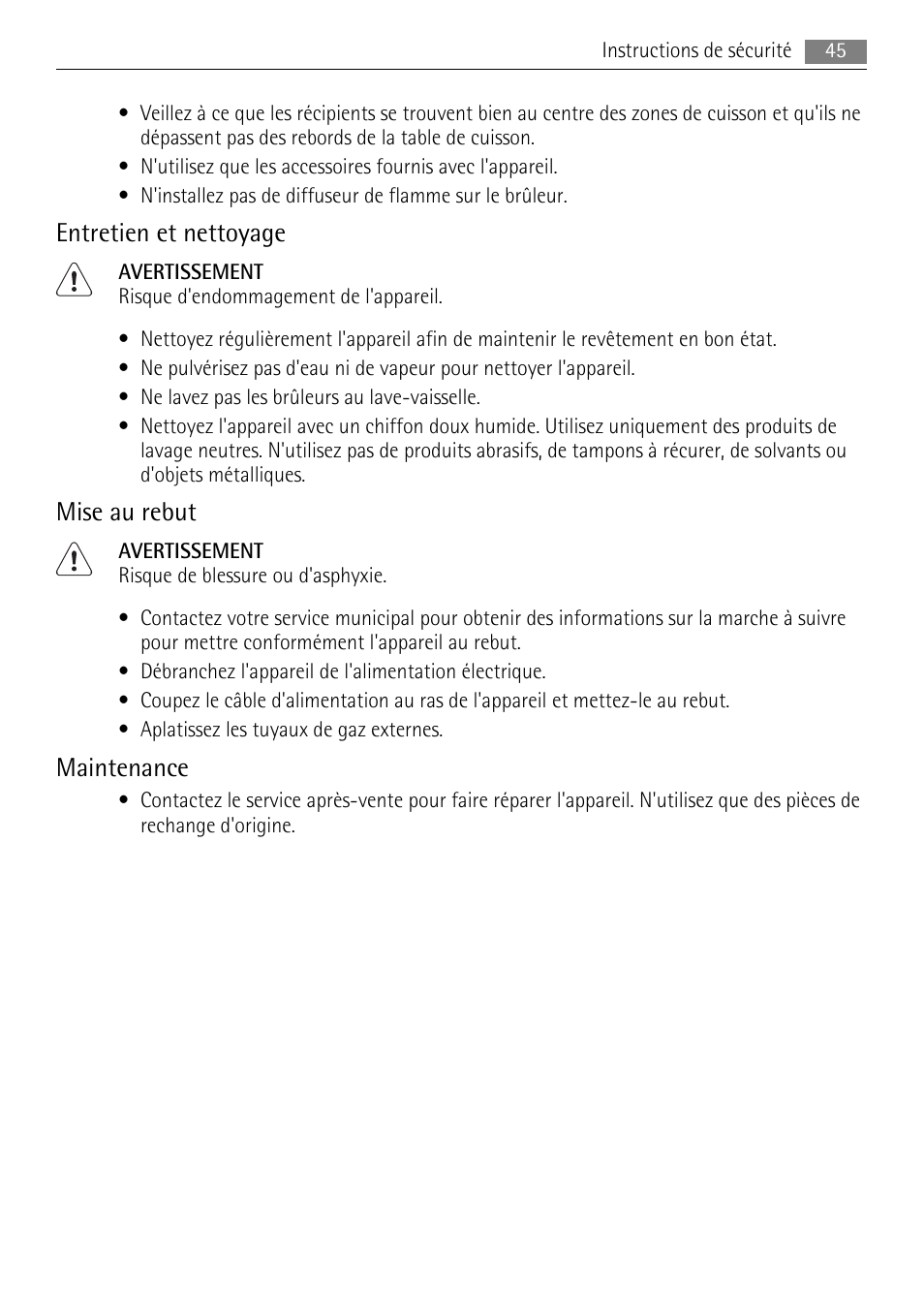 Entretien et nettoyage, Mise au rebut, Maintenance | AEG HC411520GB User Manual | Page 45 / 80