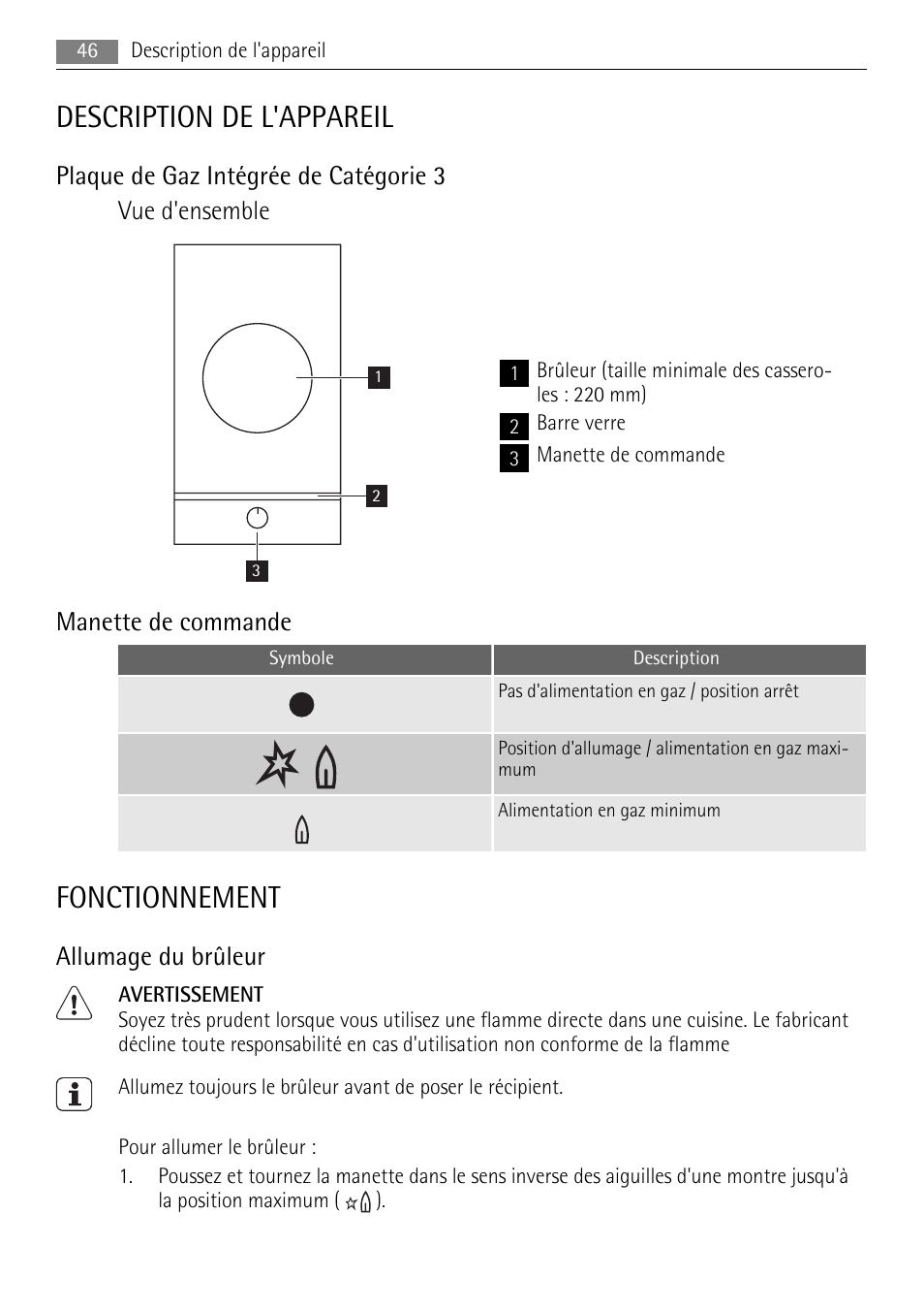 Description de l'appareil, Fonctionnement, Manette de commande | Allumage du brûleur | AEG HC411520GB User Manual | Page 46 / 80