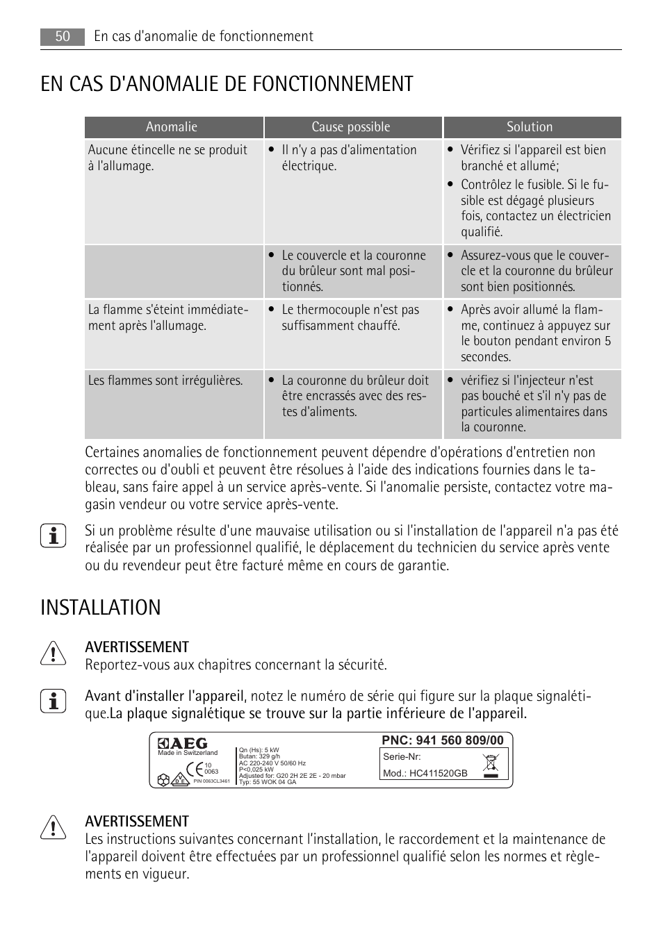 En cas d'anomalie de fonctionnement, Installation | AEG HC411520GB User Manual | Page 50 / 80