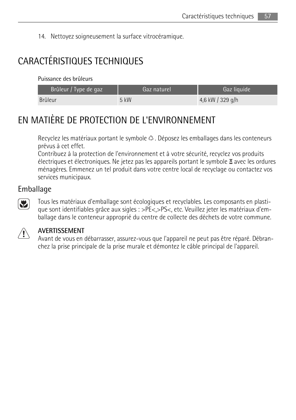 Caractéristiques techniques, En matière de protection de l'environnement, Emballage | AEG HC411520GB User Manual | Page 57 / 80