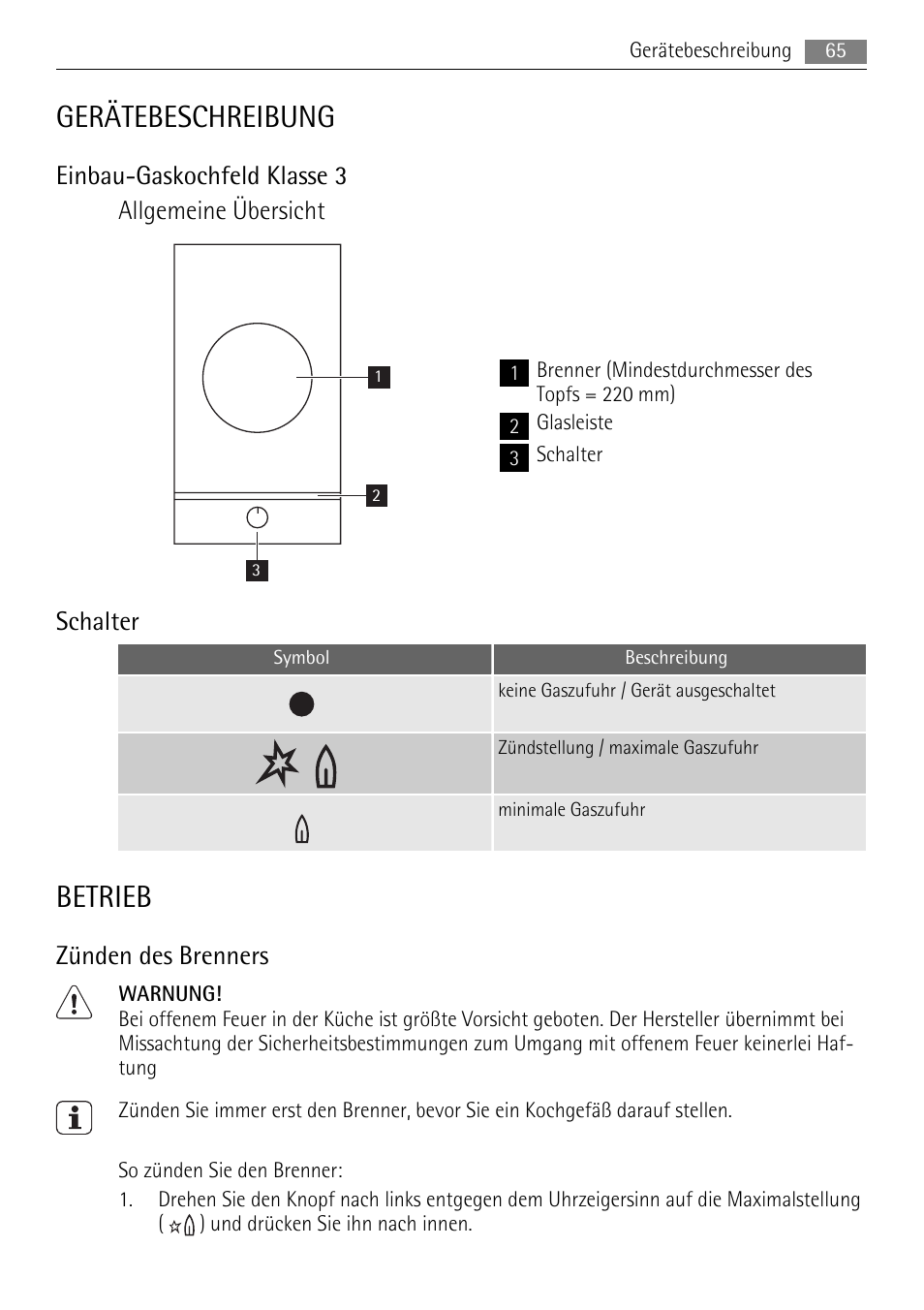 Gerätebeschreibung, Betrieb, Einbau-gaskochfeld klasse 3 allgemeine übersicht | Schalter, Zünden des brenners | AEG HC411520GB User Manual | Page 65 / 80