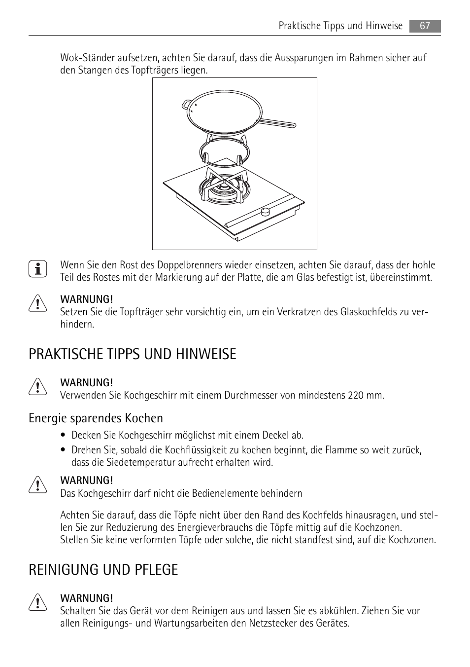 Praktische tipps und hinweise, Reinigung und pflege, Energie sparendes kochen | AEG HC411520GB User Manual | Page 67 / 80