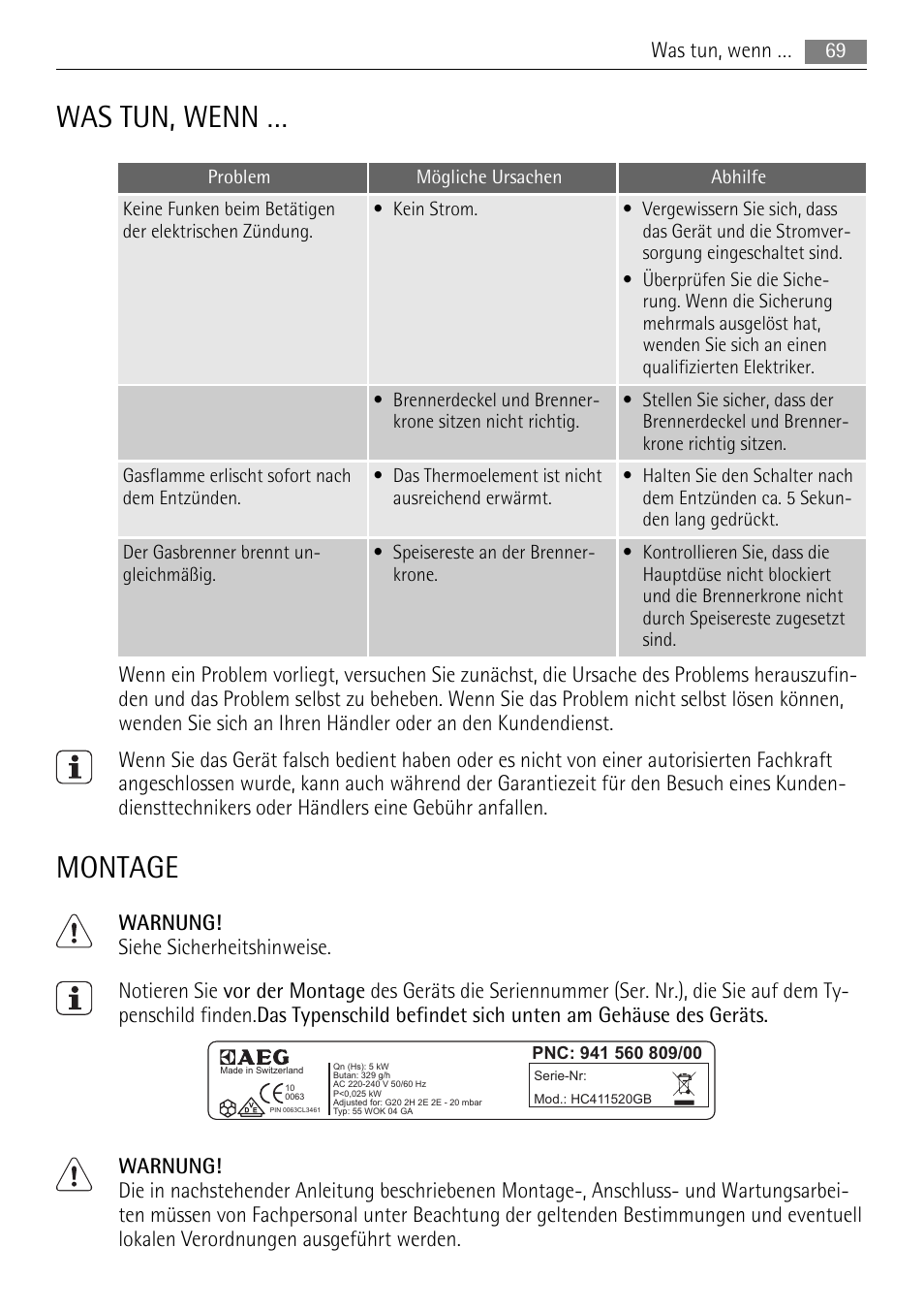 Was tun, wenn, Montage | AEG HC411520GB User Manual | Page 69 / 80