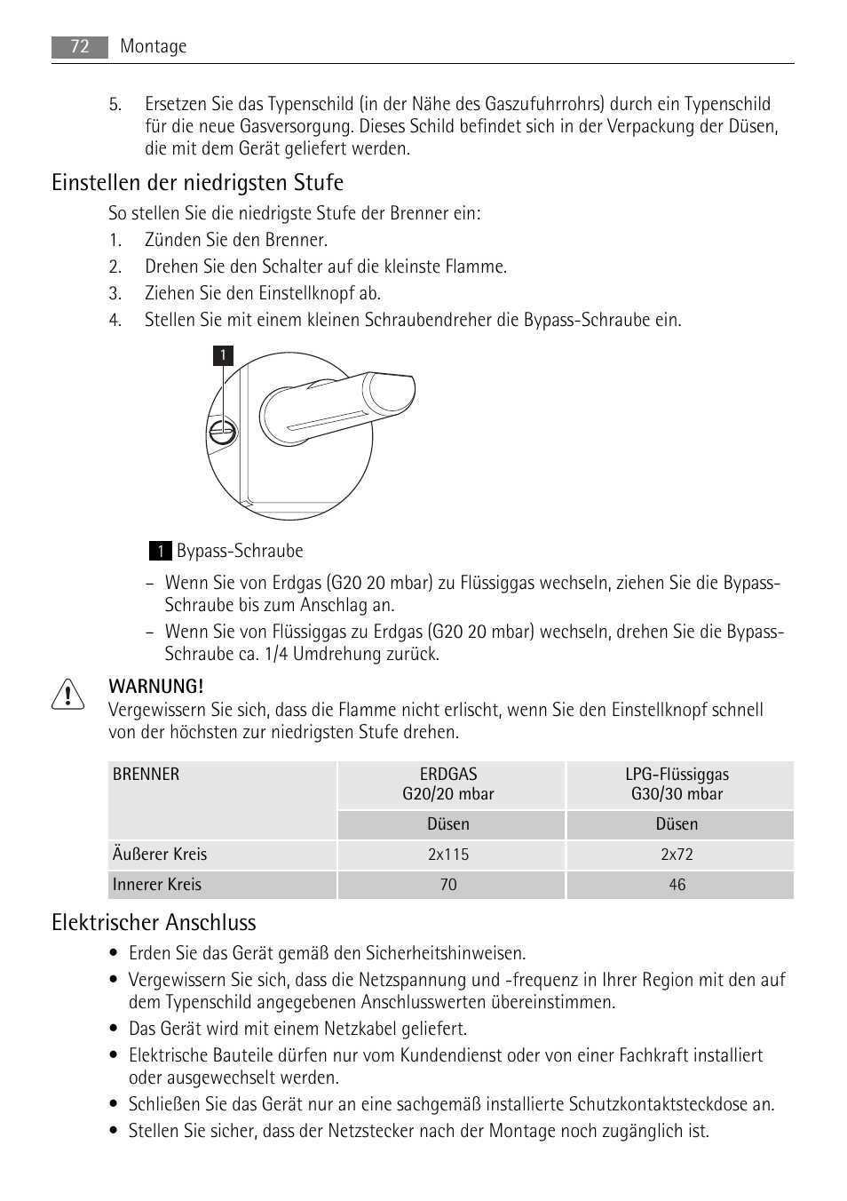 Einstellen der niedrigsten stufe, Elektrischer anschluss | AEG HC411520GB User Manual | Page 72 / 80