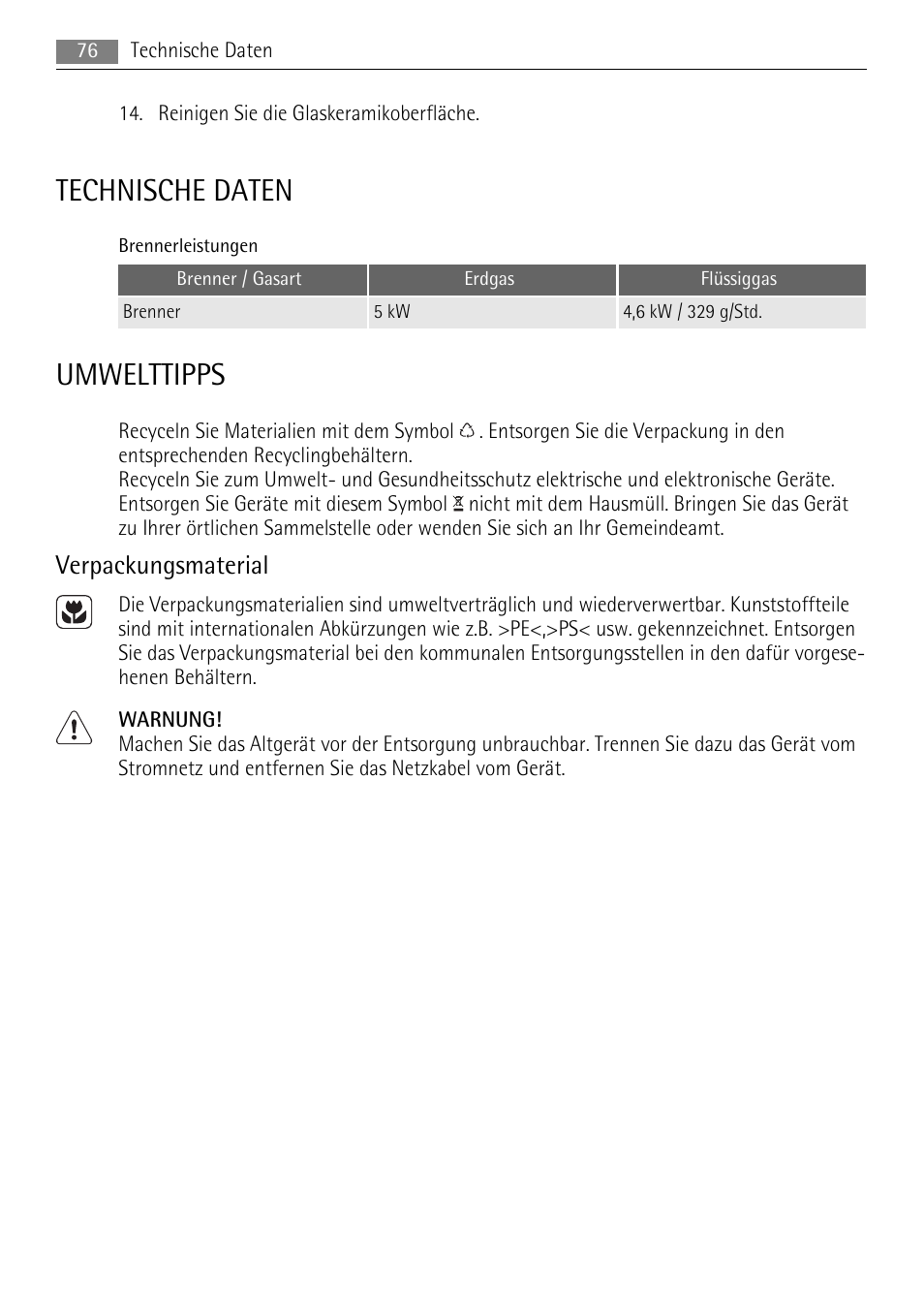 Technische daten, Umwelttipps, Verpackungsmaterial | AEG HC411520GB User Manual | Page 76 / 80