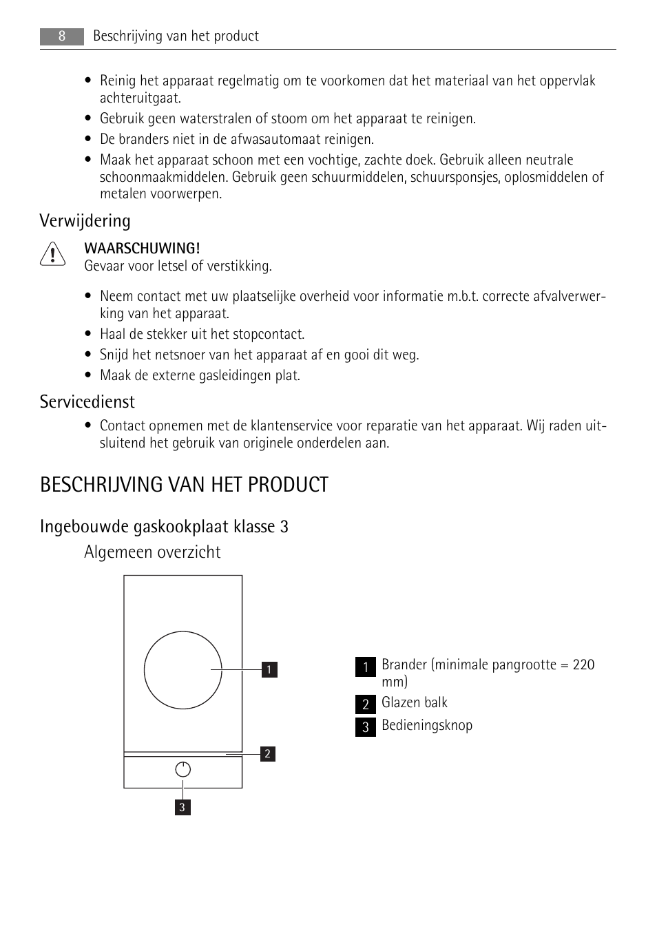 Beschrijving van het product, Verwijdering, Servicedienst | AEG HC411520GB User Manual | Page 8 / 80