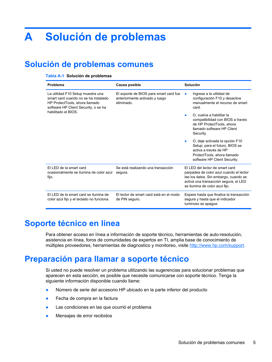 Solución de problemas, Solución de problemas comunes, Soporte técnico en línea | Preparación para llamar a soporte técnico, Apéndice a solución de problemas, Asolución de problemas | HP Teclado CCI con conexión USB o SmartCard de HP User Manual | Page 11 / 12