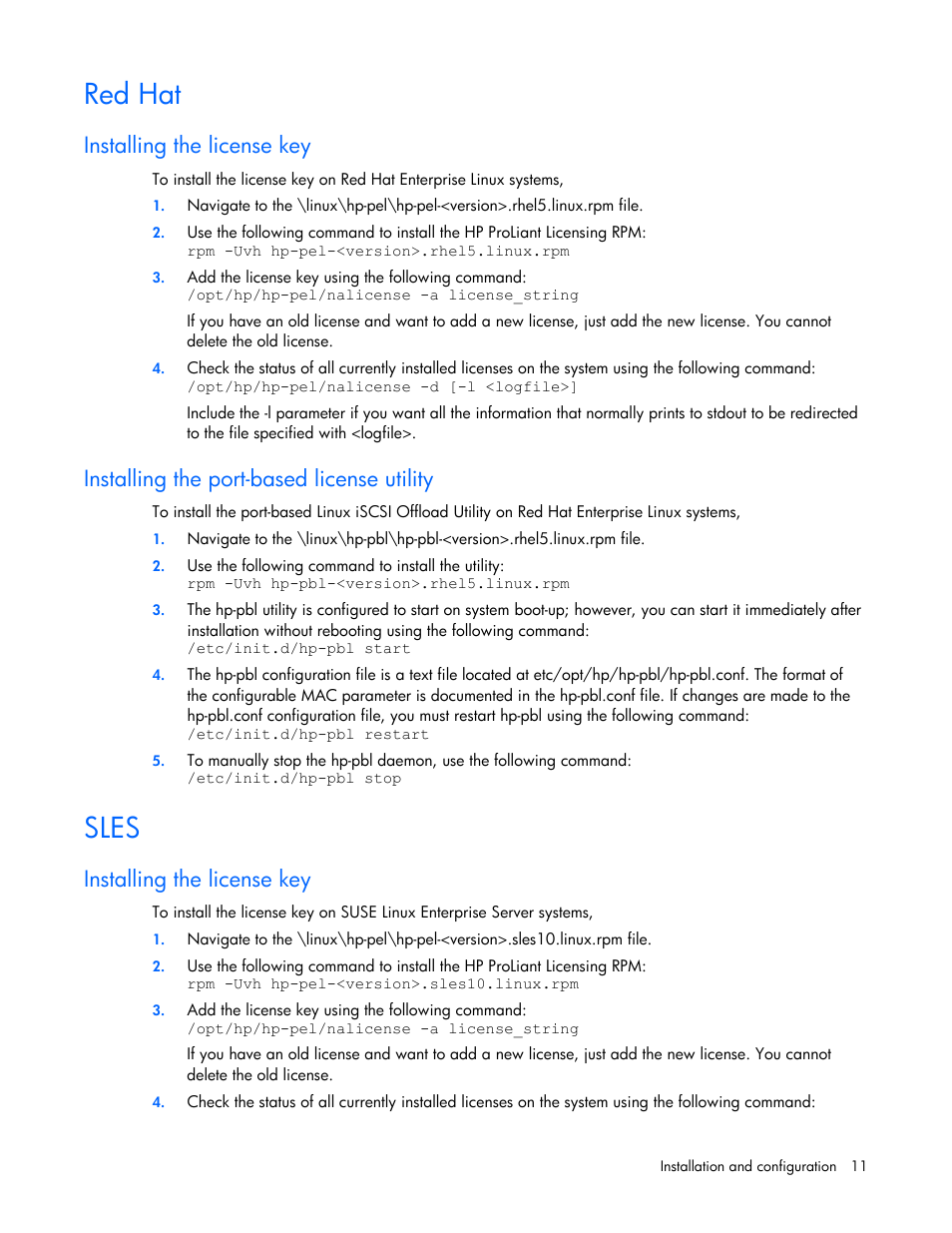 Red hat, Installing the license key, Installing the port-based license utility | Sles | HP NC532m Dual Port 10GbE Multifunction BL-c Adapter User Manual | Page 11 / 20