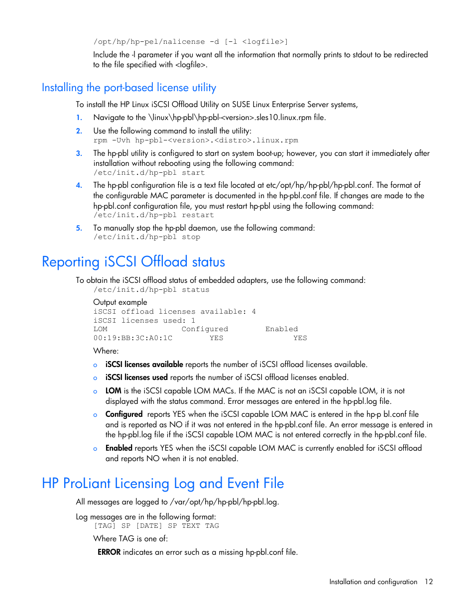 Installing the port-based license utility, Reporting iscsi offload status, Hp proliant licensing log and event file | HP NC532m Dual Port 10GbE Multifunction BL-c Adapter User Manual | Page 12 / 20