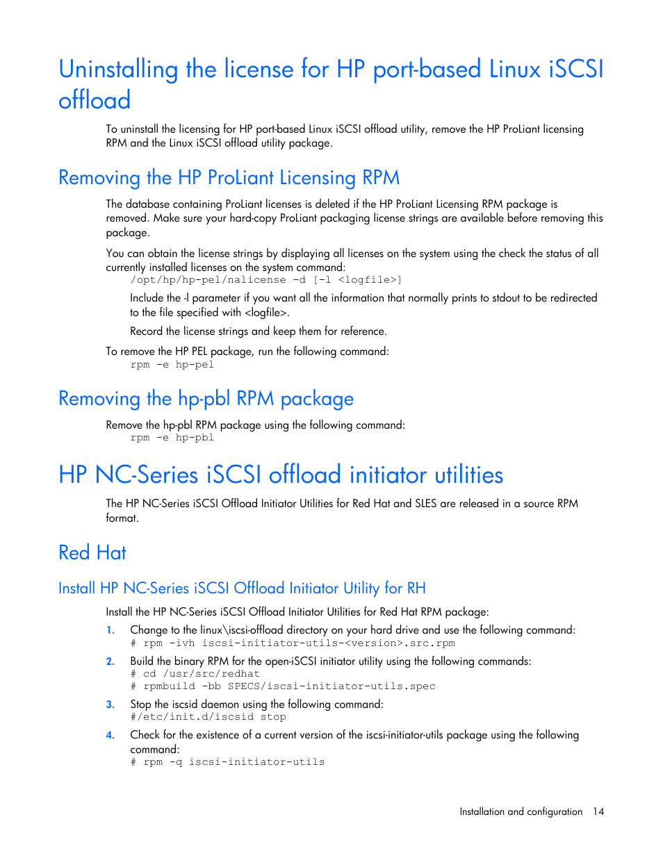 Removing the hp proliant licensing rpm, Removing the hp-pbl rpm package, Hp nc-series iscsi offload initiator utilities | Red hat | HP NC532m Dual Port 10GbE Multifunction BL-c Adapter User Manual | Page 14 / 20