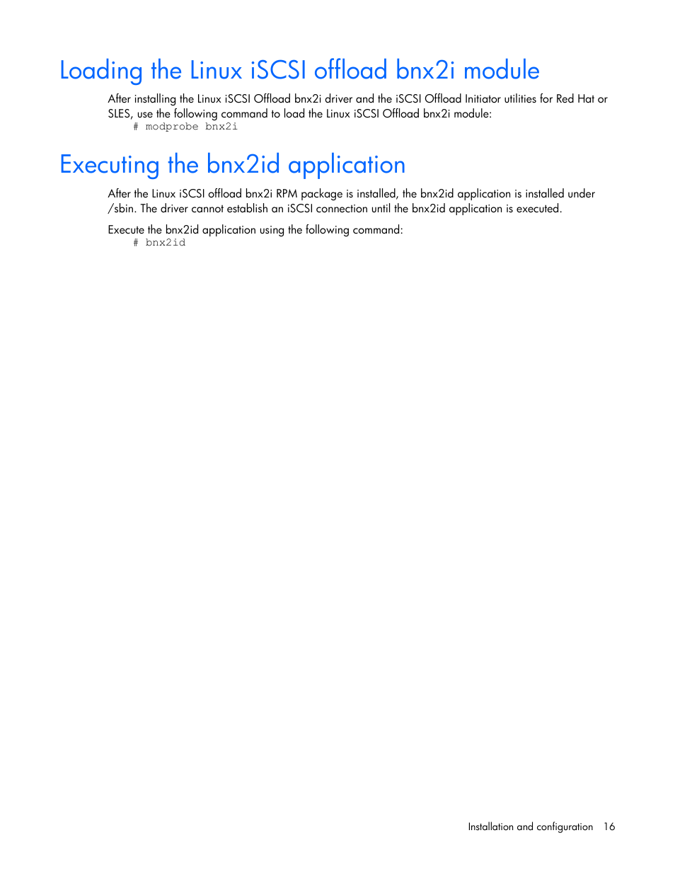 Loading the linux iscsi offload bnx2i module, Executing the bnx2id application | HP NC532m Dual Port 10GbE Multifunction BL-c Adapter User Manual | Page 16 / 20