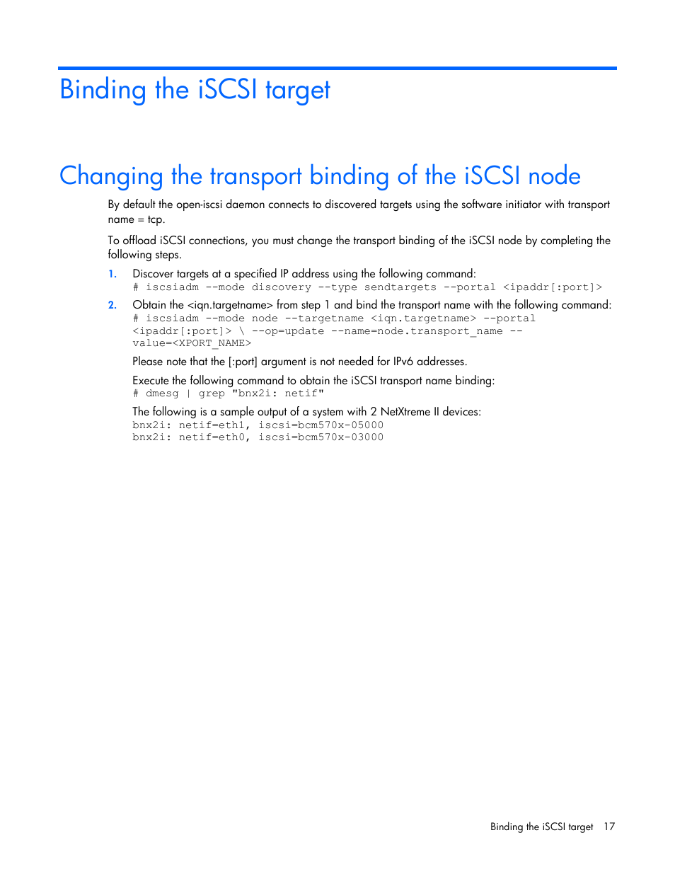 Binding the iscsi target, Changing the transport binding of the iscsi node | HP NC532m Dual Port 10GbE Multifunction BL-c Adapter User Manual | Page 17 / 20