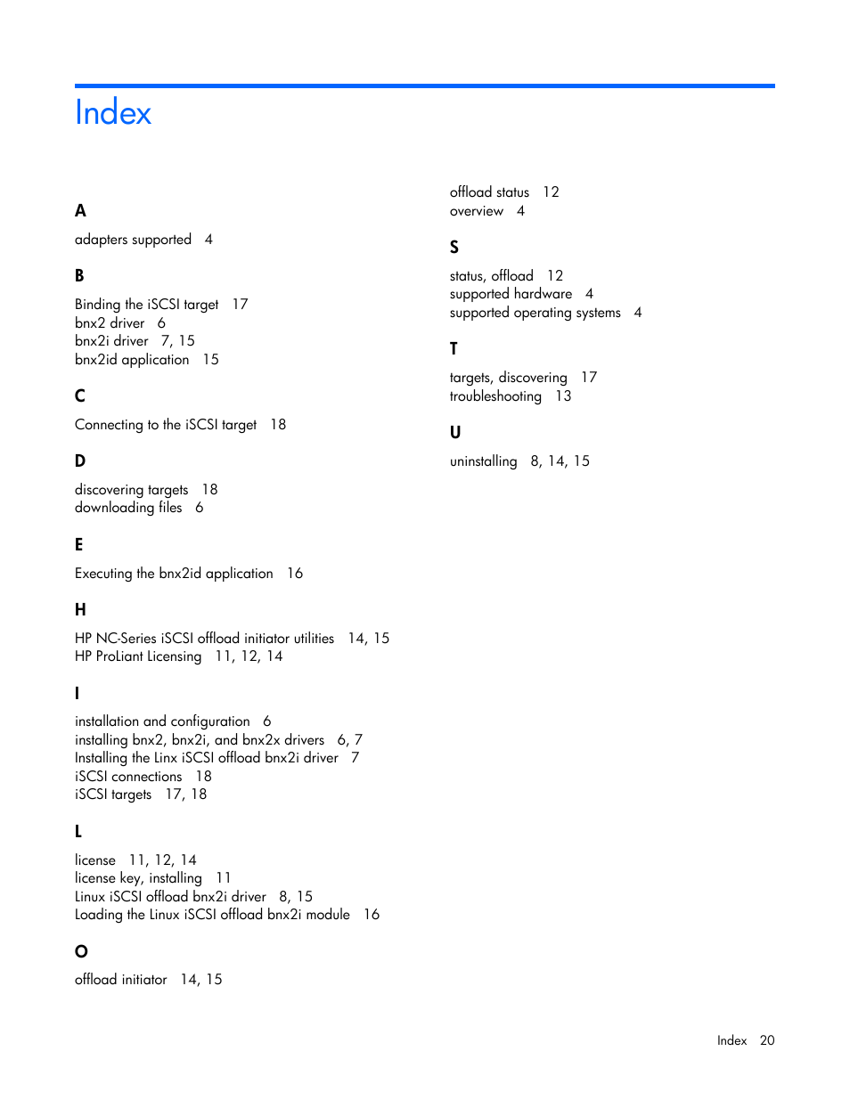 Index | HP NC532m Dual Port 10GbE Multifunction BL-c Adapter User Manual | Page 20 / 20