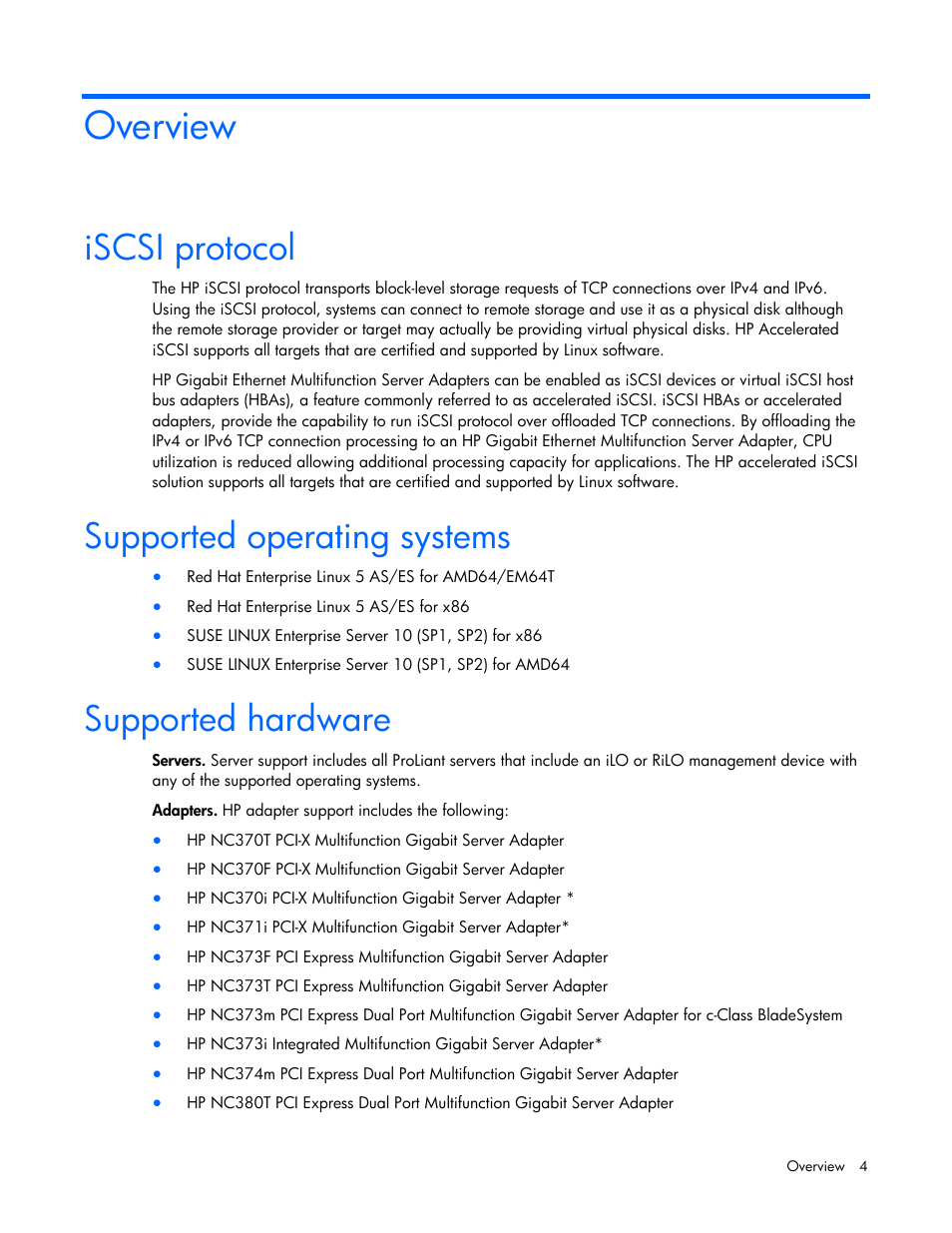 Overview, Iscsi protocol, Supported operating systems | Supported hardware | HP NC532m Dual Port 10GbE Multifunction BL-c Adapter User Manual | Page 4 / 20