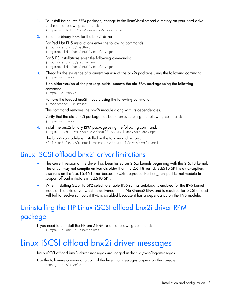 Linux iscsi offload bnx2i driver limitations, Linux iscsi offload bnx2i driver messages | HP NC532m Dual Port 10GbE Multifunction BL-c Adapter User Manual | Page 8 / 20