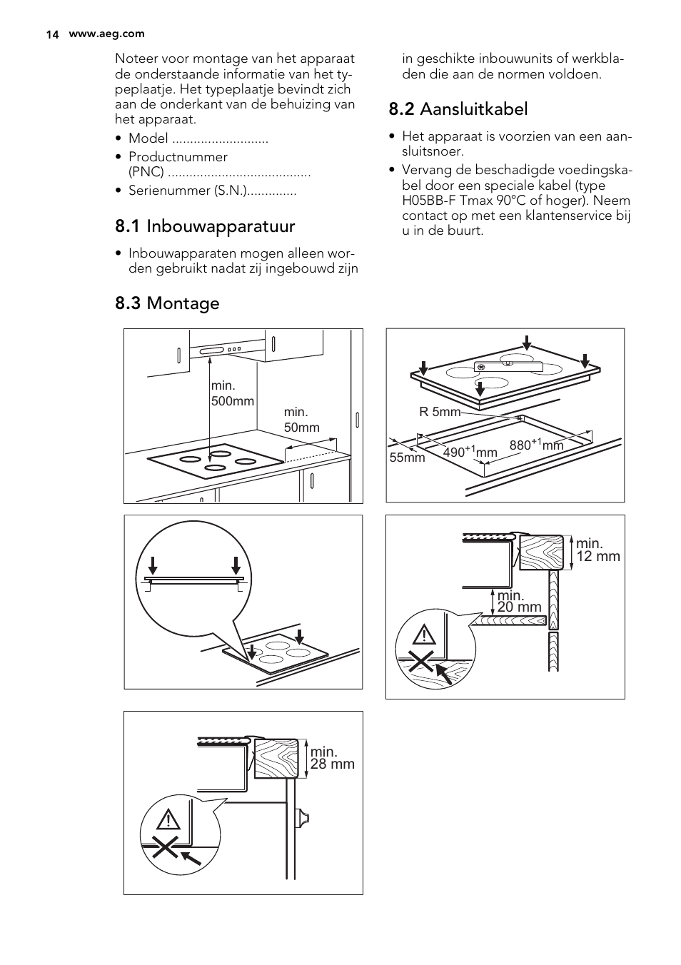 1 inbouwapparatuur, 2 aansluitkabel, 3 montage | AEG HK955070XB User Manual | Page 14 / 60