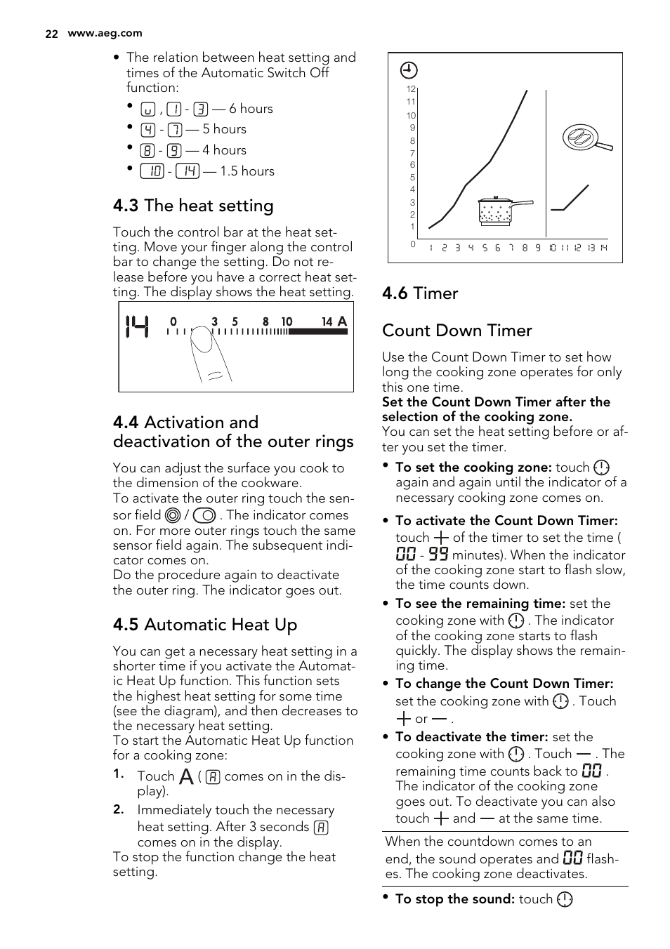 3 the heat setting, 4 activation and deactivation of the outer rings, 5 automatic heat up | 6 timer count down timer | AEG HK955070XB User Manual | Page 22 / 60