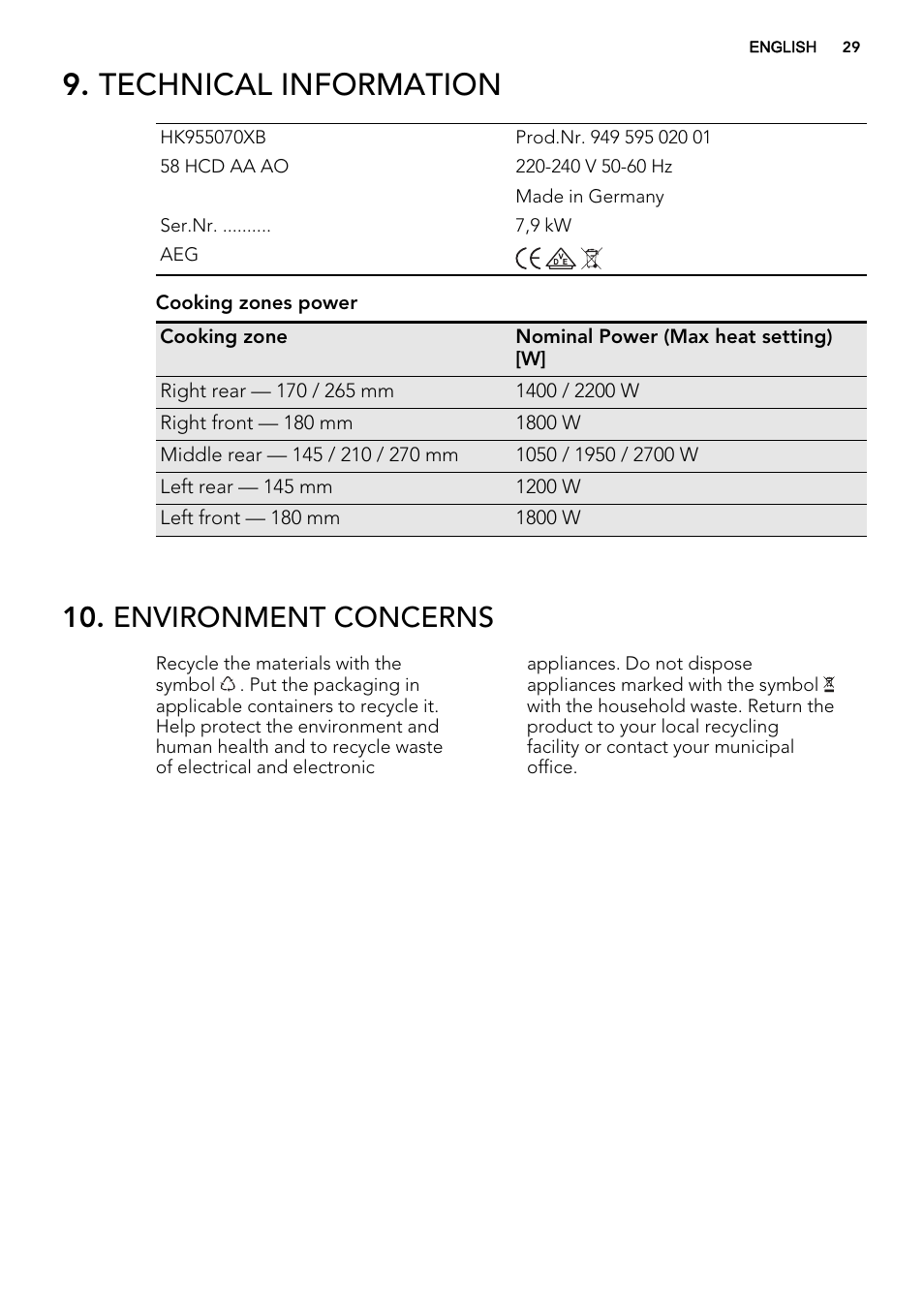 Technical information, Environment concerns | AEG HK955070XB User Manual | Page 29 / 60