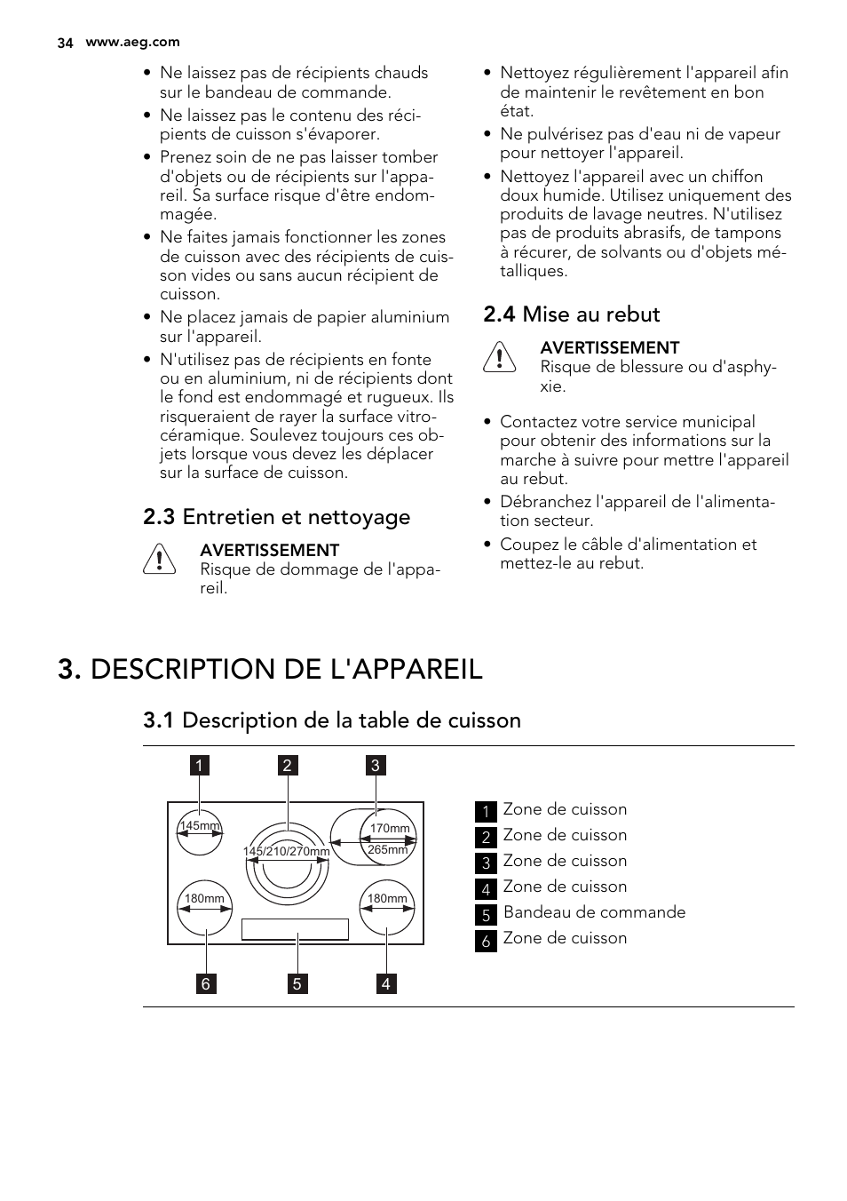 Description de l'appareil, 3 entretien et nettoyage, 4 mise au rebut | 1 description de la table de cuisson | AEG HK955070XB User Manual | Page 34 / 60