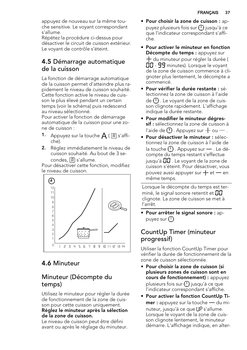 5 démarrage automatique de la cuisson, 6 minuteur minuteur (décompte du temps), Countup timer (minuteur progressif) | AEG HK955070XB User Manual | Page 37 / 60