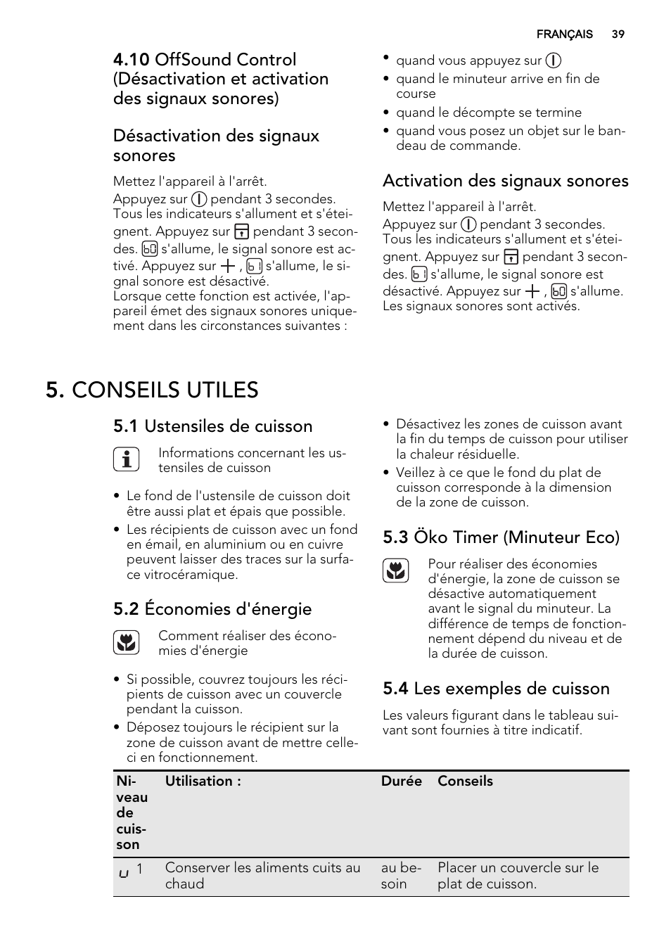 Conseils utiles, Activation des signaux sonores, 1 ustensiles de cuisson | 2 économies d'énergie, 3 öko timer (minuteur eco), 4 les exemples de cuisson | AEG HK955070XB User Manual | Page 39 / 60
