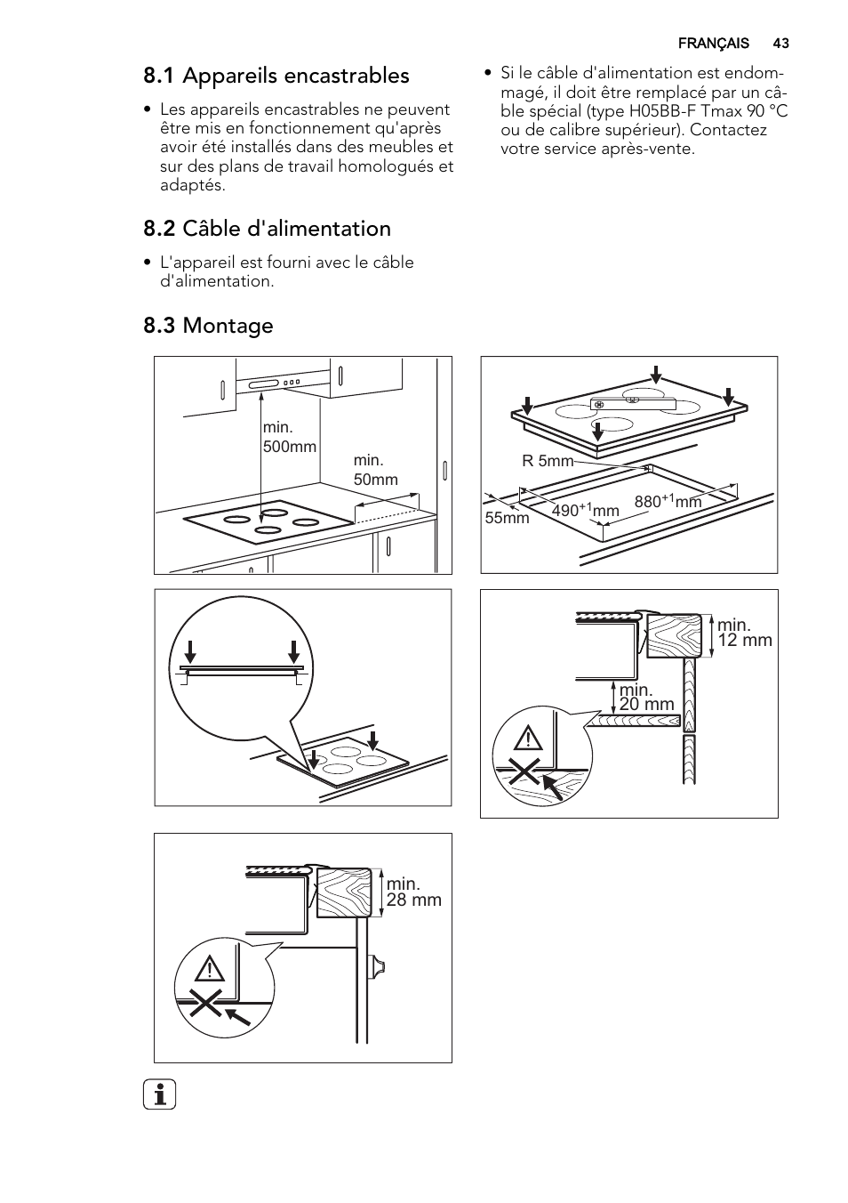 1 appareils encastrables, 2 câble d'alimentation, 3 montage | AEG HK955070XB User Manual | Page 43 / 60