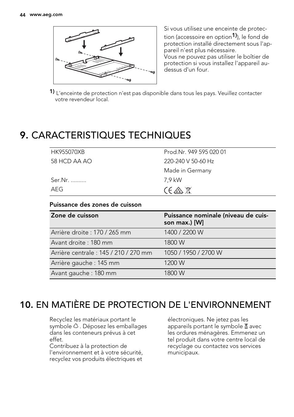 Caracteristiques techniques, En matière de protection de l'environnement | AEG HK955070XB User Manual | Page 44 / 60