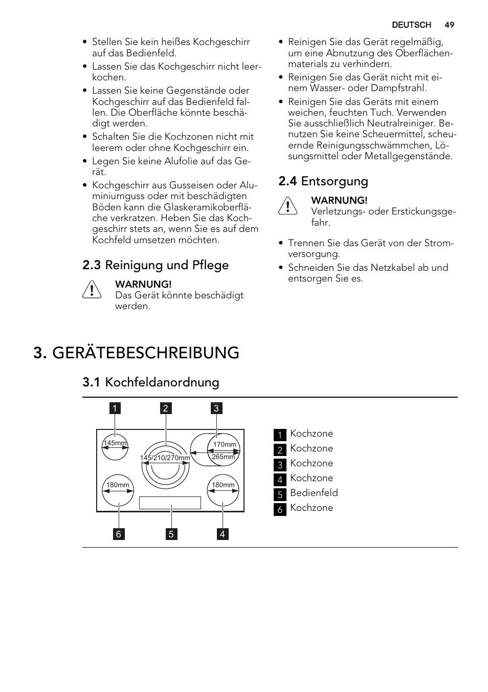 Gerätebeschreibung, 3 reinigung und pflege, 4 entsorgung | 1 kochfeldanordnung | AEG HK955070XB User Manual | Page 49 / 60