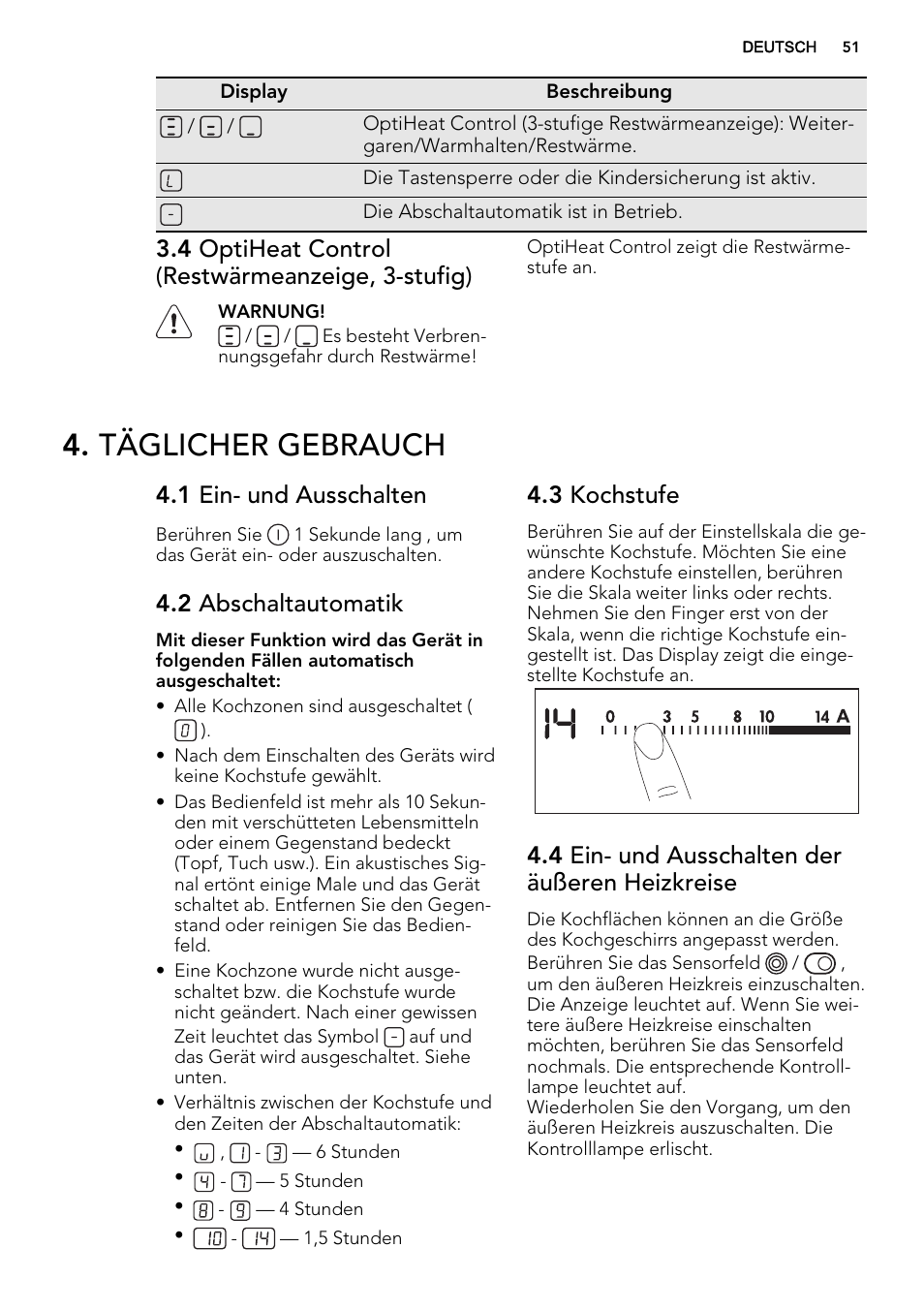 Täglicher gebrauch, 4 optiheat control (restwärmeanzeige, 3-stufig), 1 ein- und ausschalten | 2 abschaltautomatik, 3 kochstufe, 4 ein- und ausschalten der äußeren heizkreise | AEG HK955070XB User Manual | Page 51 / 60