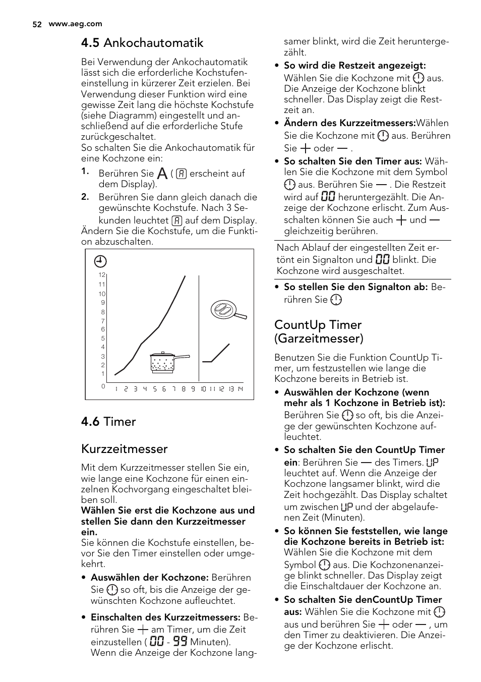 5 ankochautomatik, 6 timer kurzzeitmesser, Countup timer (garzeitmesser) | AEG HK955070XB User Manual | Page 52 / 60
